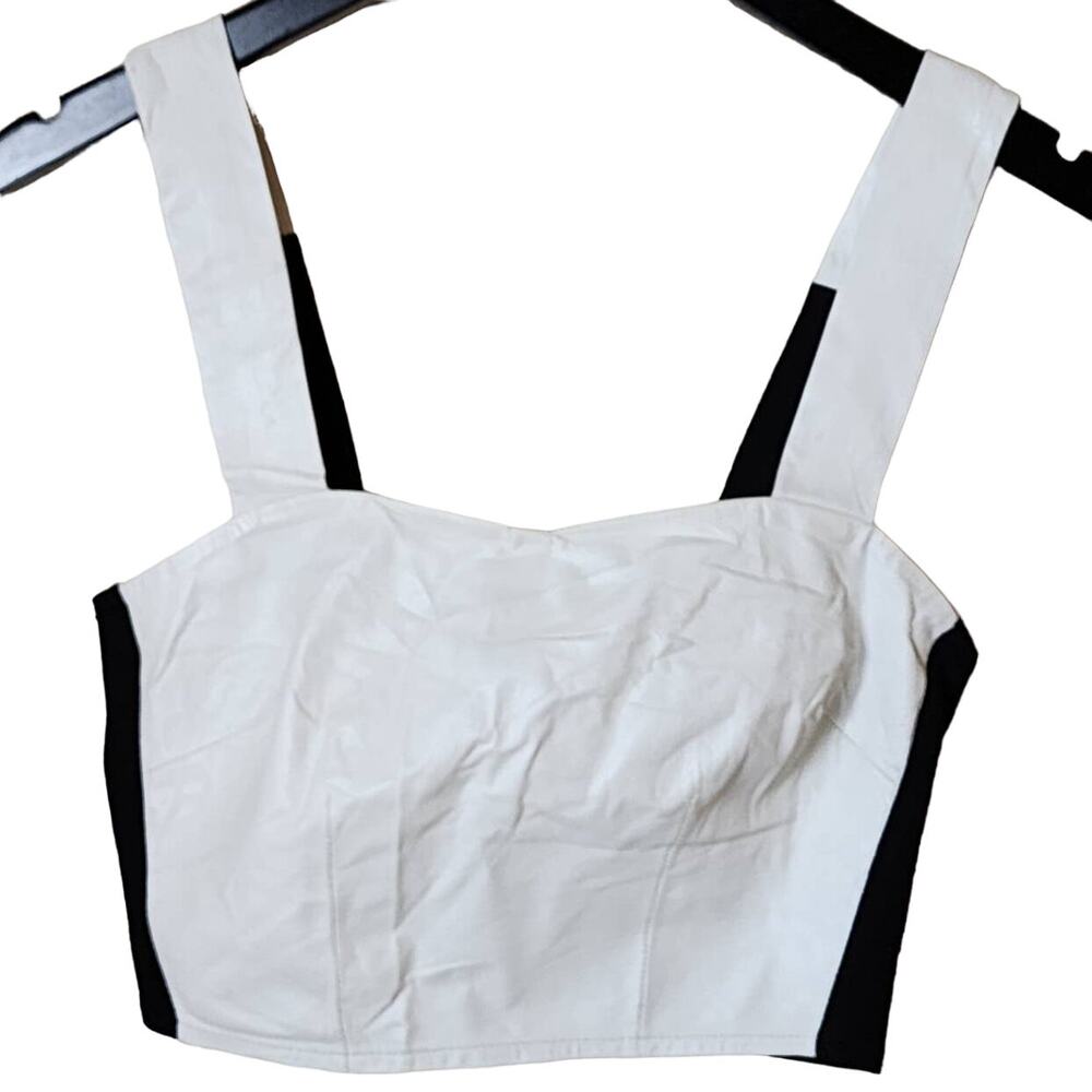 Aqua Brand Bloomie's Cropped Leather Front Top Black White Women's Extra Small